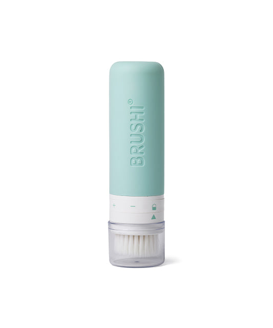 Brushi refillable sunscreen applicator with blending brush. patented. cinnamon bay blue. mess free sunscreen