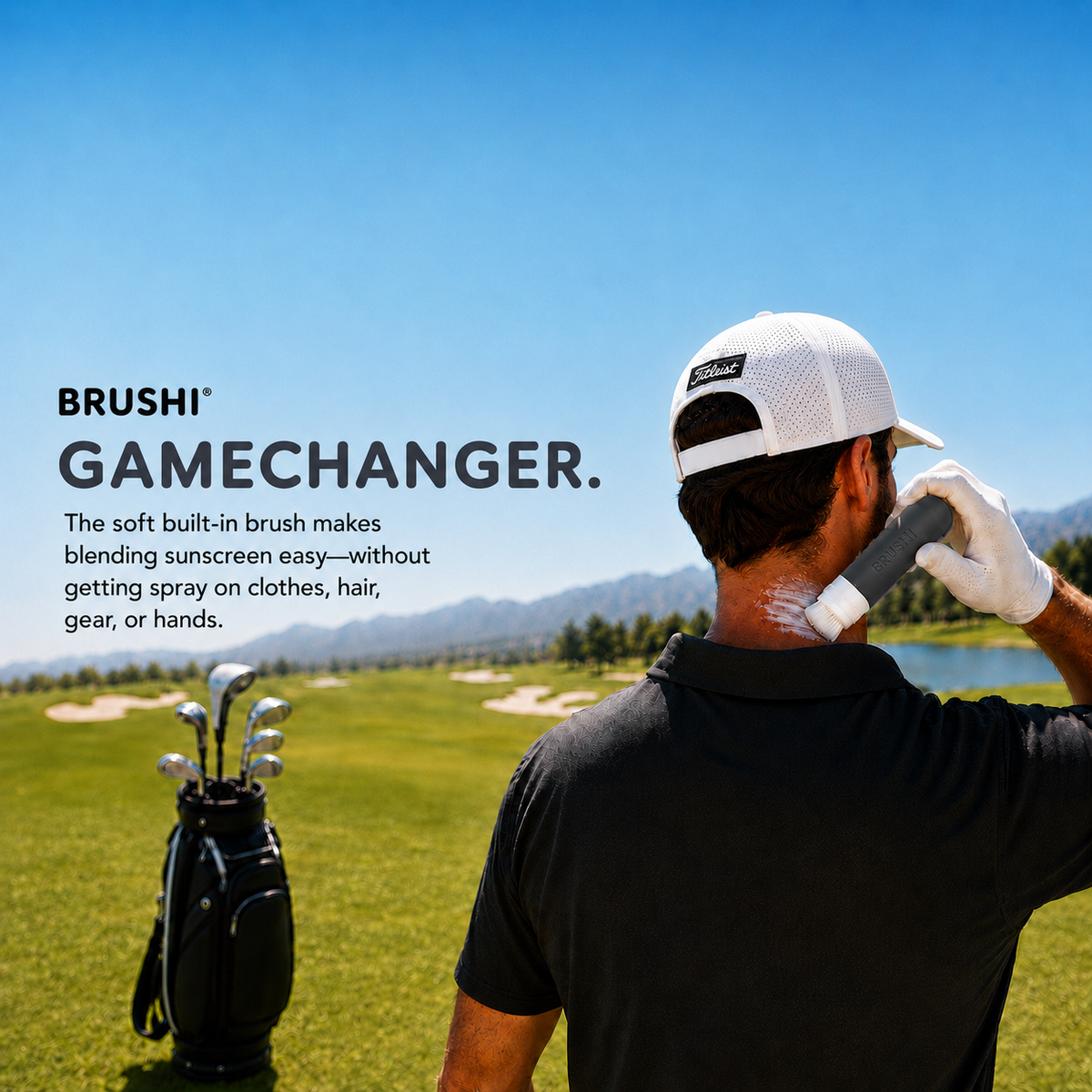 A golfer on a sunny golf course uses the Brushi sunscreen applicator to blend on his neck. The image features a golf bag with clubs, a clear blue sky, and green grass in the background, with product text on the left side.