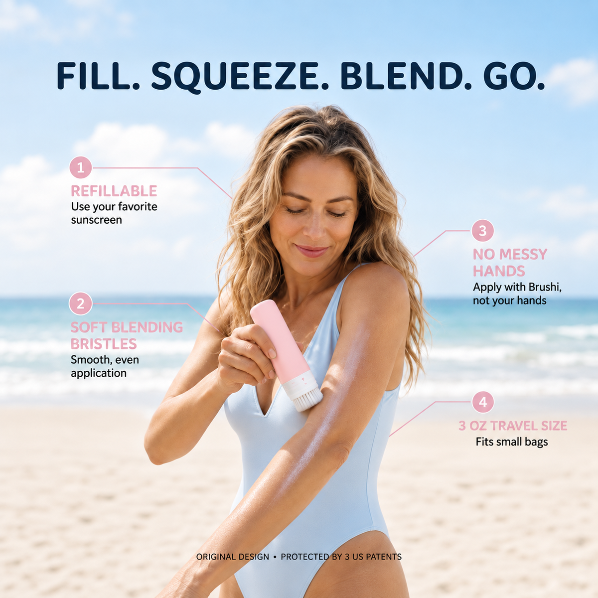 A woman on a beach applies sunscreen from a pink and white brushi sunscreen applicator with a built in brush The image includes marketing text: 'FILL.