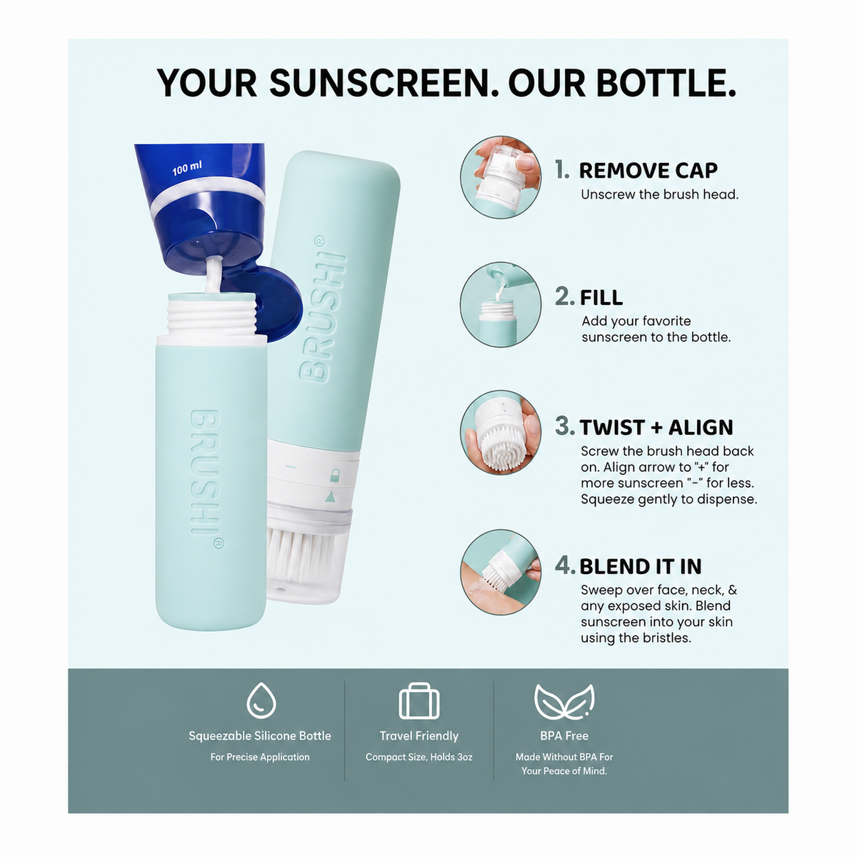 A promotional graphic for the BRUSHI sunscreen blending applicator bottle. The main product is shown in a pale mint green color, with a blue cap and a brush applicator being dispensed from the top.