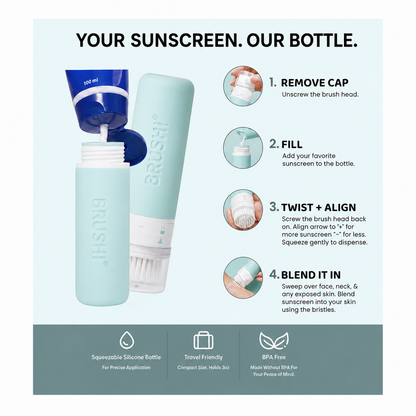 A promotional graphic for the BRUSHI sunscreen blending applicator bottle. The main product is shown in a pale mint green color, with a blue cap and a brush applicator being dispensed from the top.