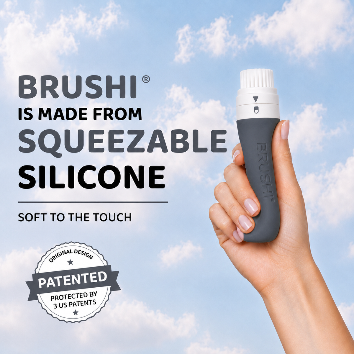 A hand holding a Brushi squeezeable silicone sunscreen applicator against a blue sky with clouds background. Text on the image reads 'BRUSHI IS MADE FROM SQUEEZABLE SILICONE' and 'SOFT TO THE TOUCH', with a 'PATENTED' badge at